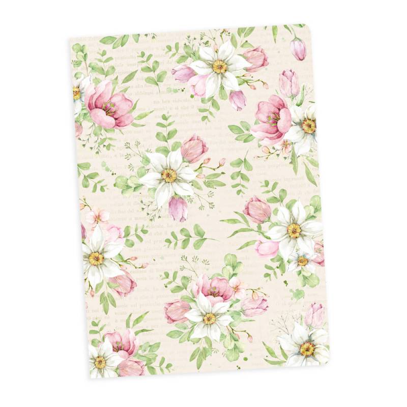 tecido com padrão floral em fundo bege com flores brancas, rosas e folhas verdes