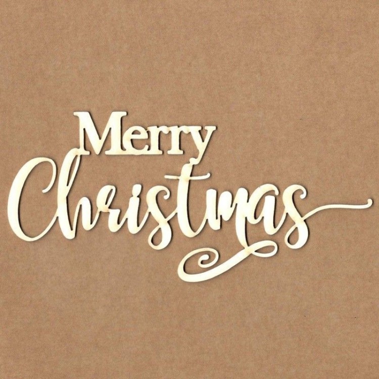 Frase decorativa Merry Christmas em madeira clara sobre fundo castanho