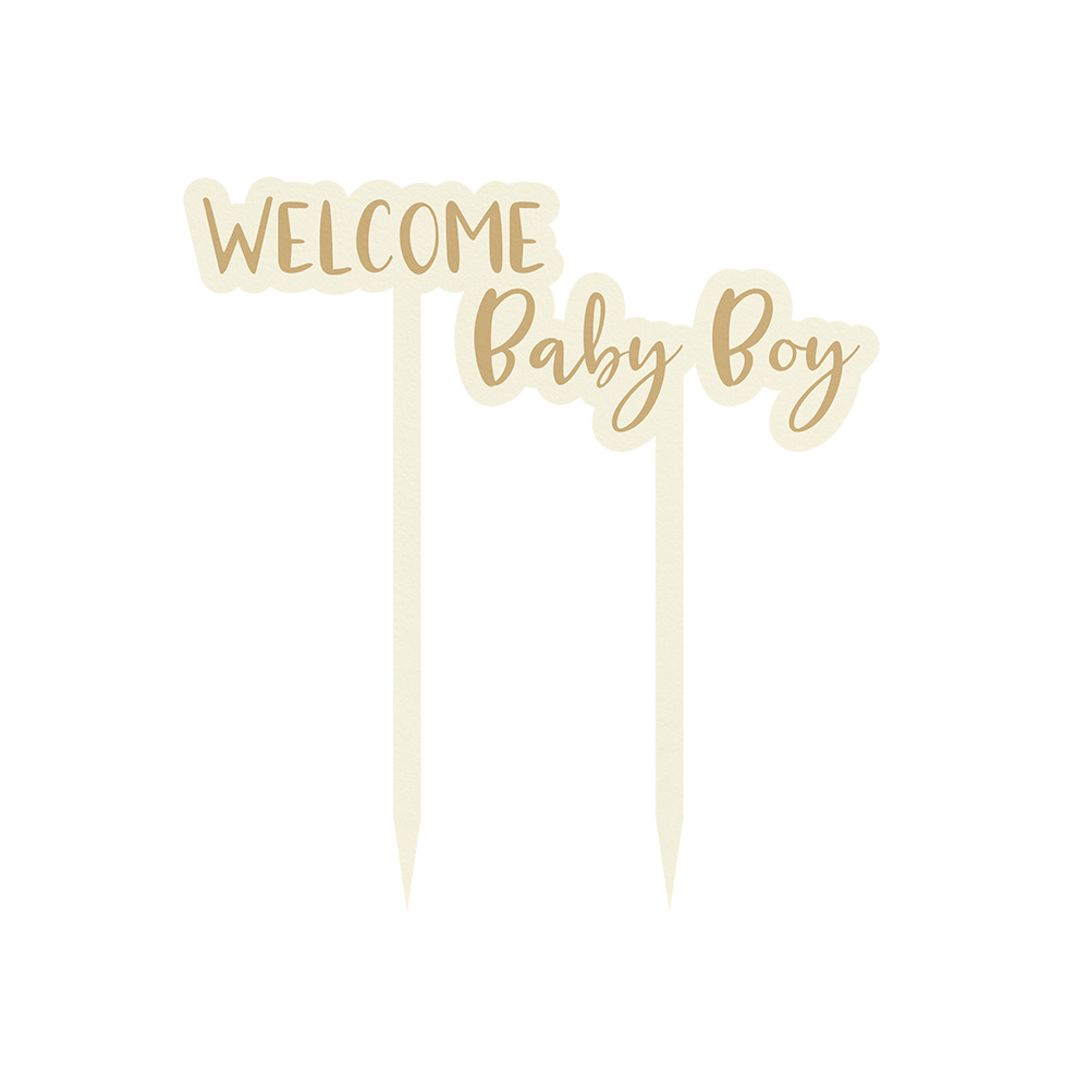 Toppers para bolos com texto WELCOME e Baby Boy em cores creme e marron claro
