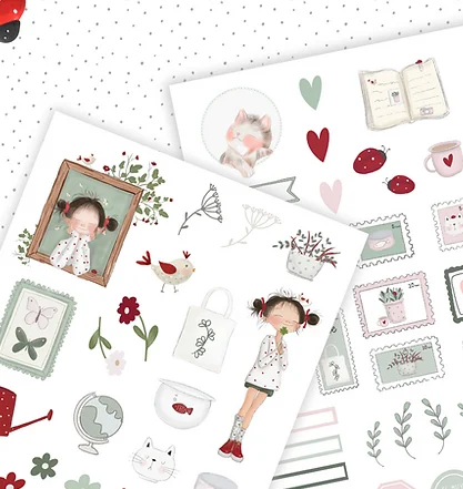 Folhas com várias ilustrações infantis em cores suaves incluindo personagens e objetos decorativos