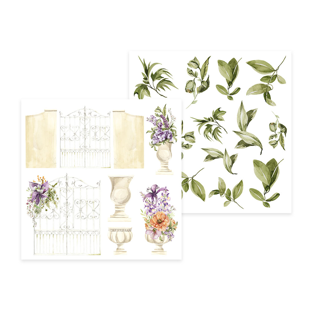 Desenhos para recortar de portões em ferro branco, vasos com flores lilás e pêssego e ramos de folhas verdes