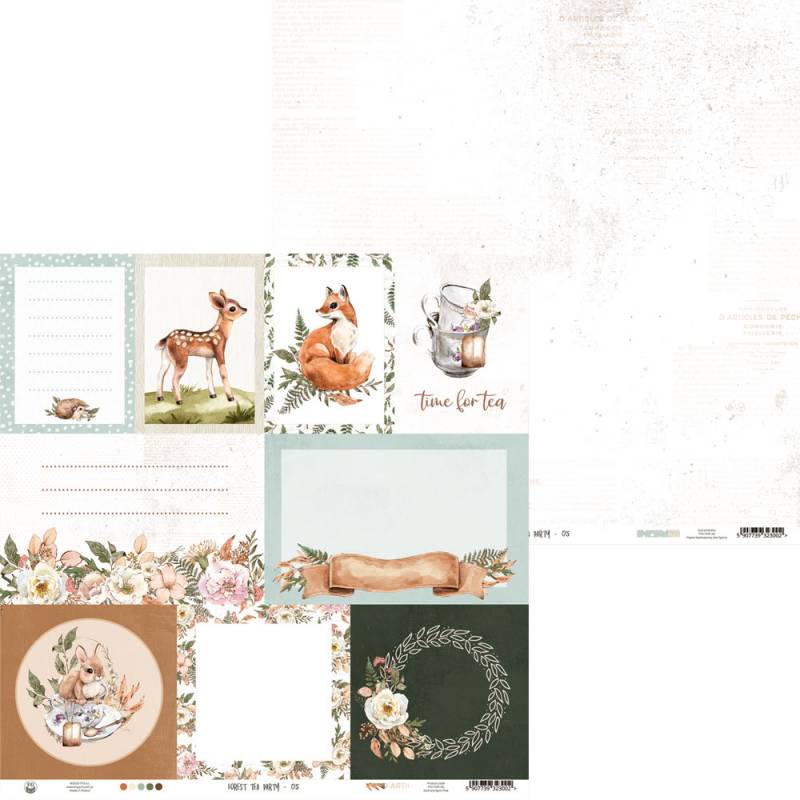 Folha de papel de scrapbook com ilustrações de animais e flores em tons suaves