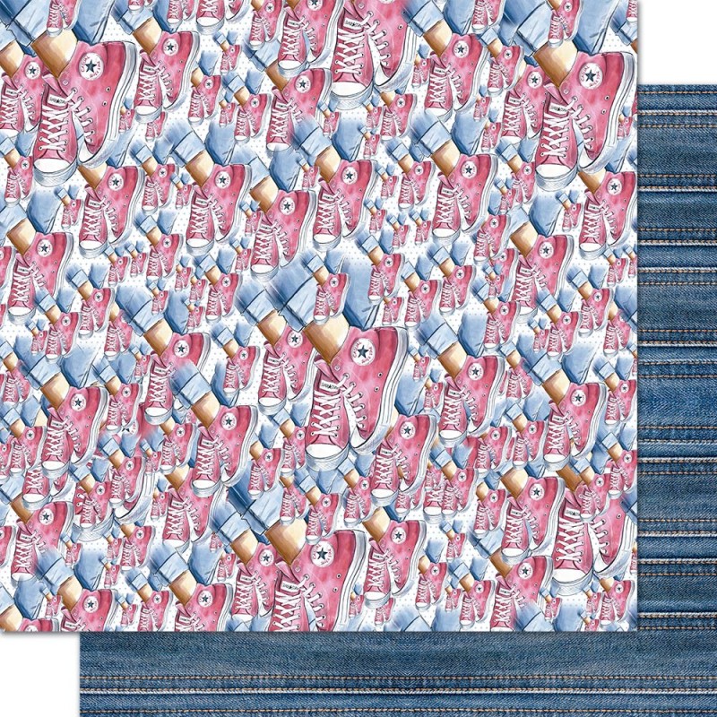 Papel de embrulho com padrão de ténis cor-de-rosa e jeans azuis