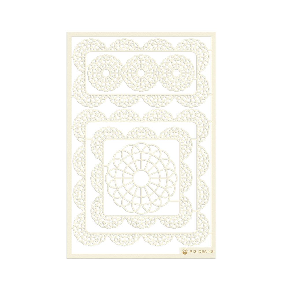 Produtos decorativos recortados em papel bege com padrões circulares sobre fundo branco