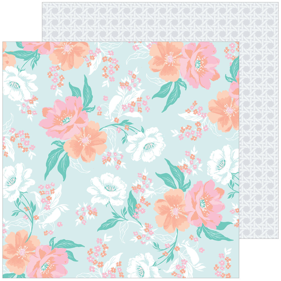 Papel decorativo com padrão floral em cores pastel e verso com padrão geométrico cinza.