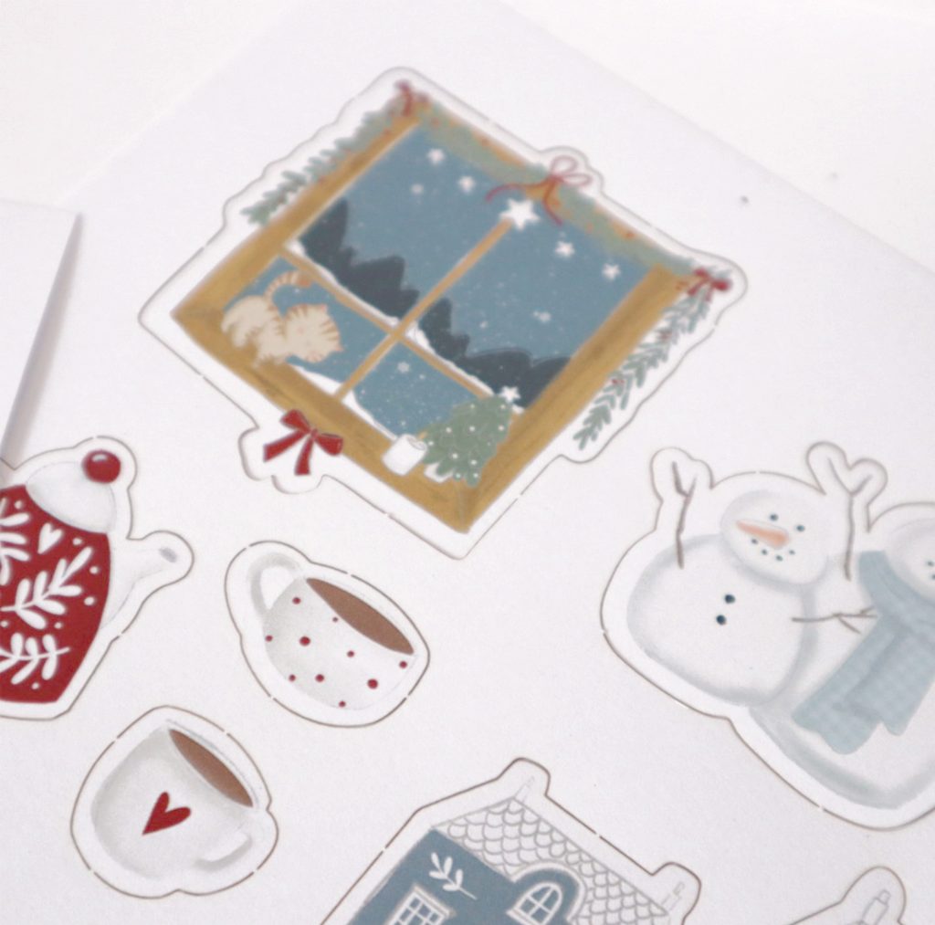 Adesivos de Natal e Inverno com vários elementos festivos e aconchegantes