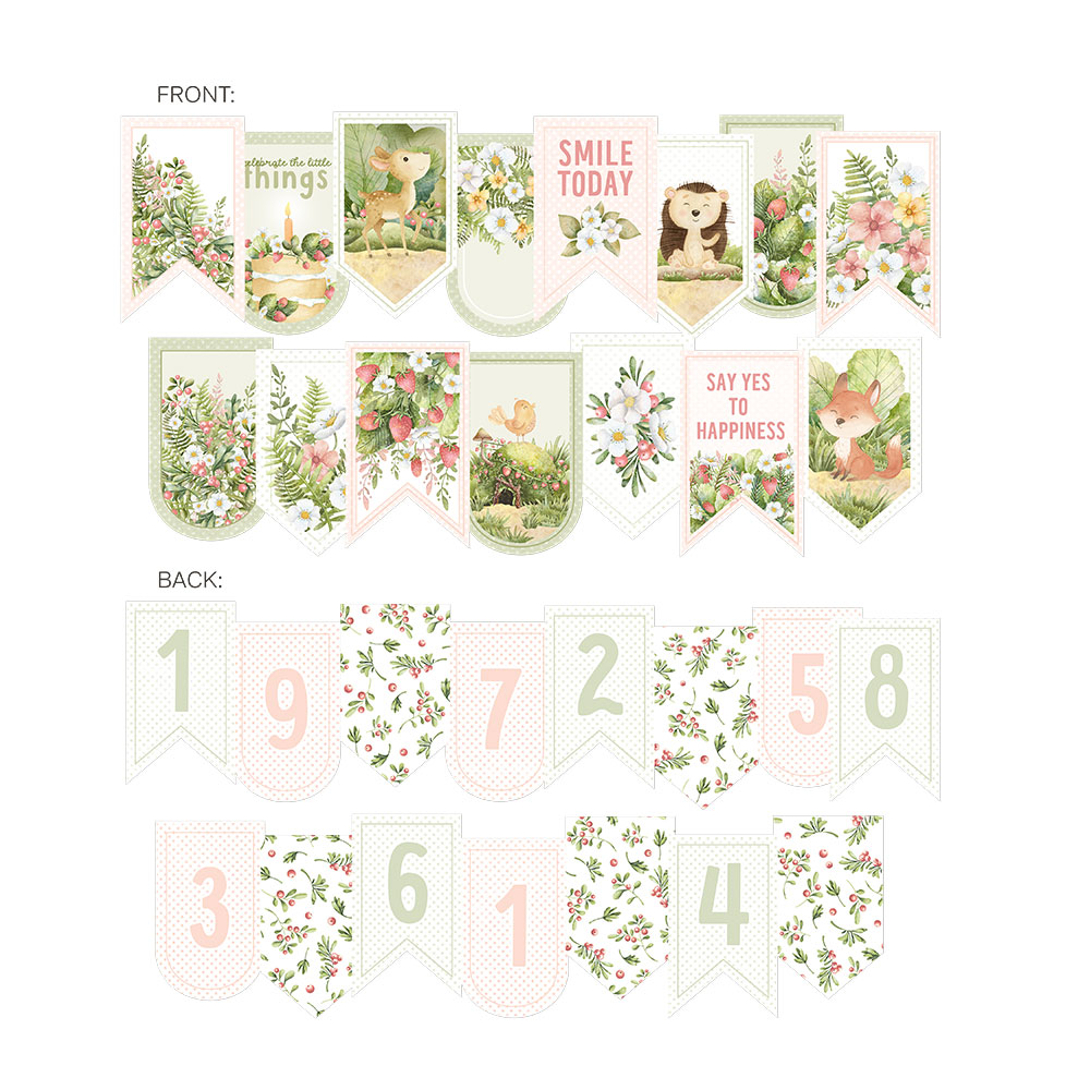 Bandeirolas decorativas com desenhos de flores, animais e texto em cores pastel