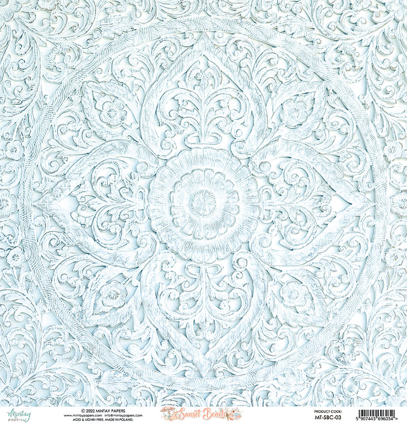 Papel decorativo azul claro com padrão floral em relevo para scrapbooking