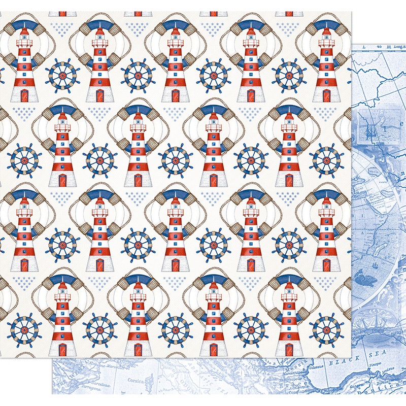 Papel de embrulho com padrão de faróis, bússolas e timões náuticos em fundo branco e mapa azul ao fundo
