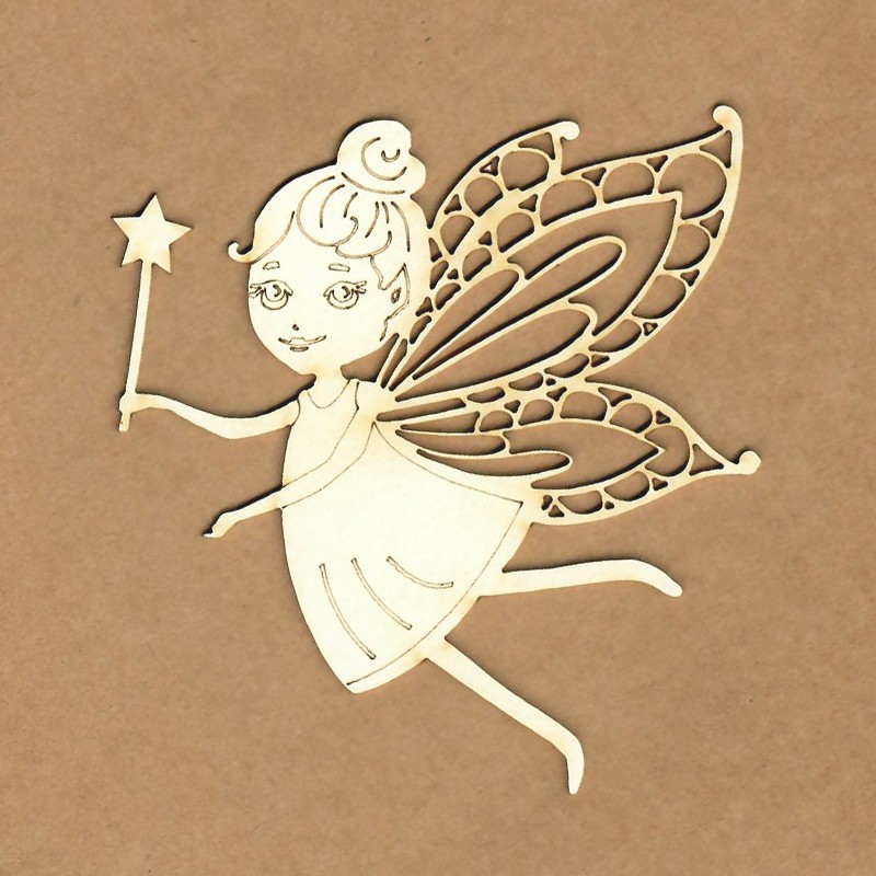 Recorte em madeira de fada com varinha e asas detalhadas