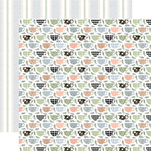 Papel de embrulho com padrão de chávenas e riscas pastel