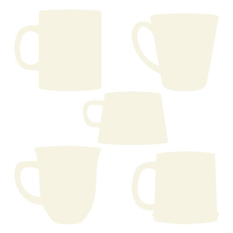 Cinco silhuetas de canecas bege claro em diferentes formas
