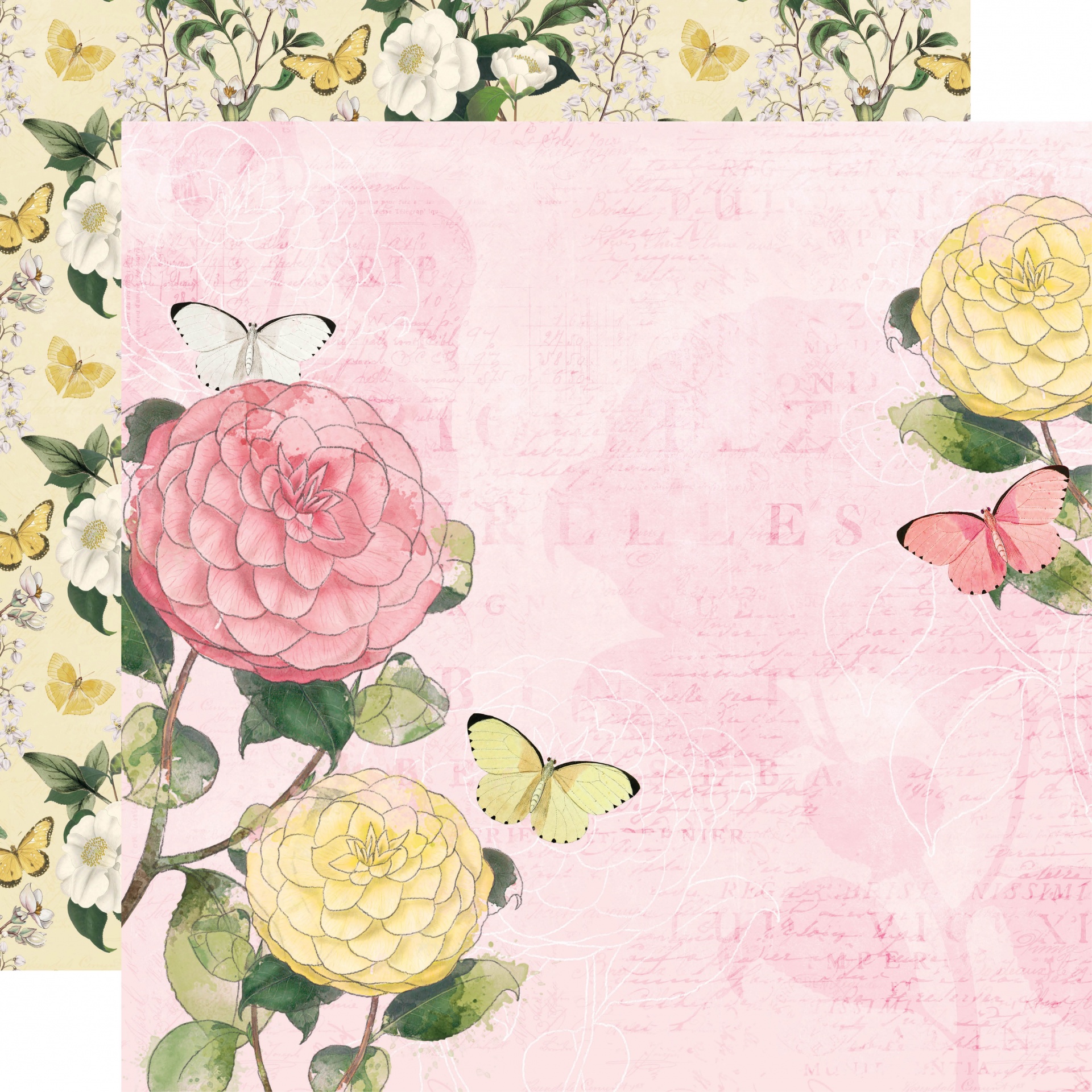Papel decorativo com flores grandes e borboletas em fundo rosa e bege
