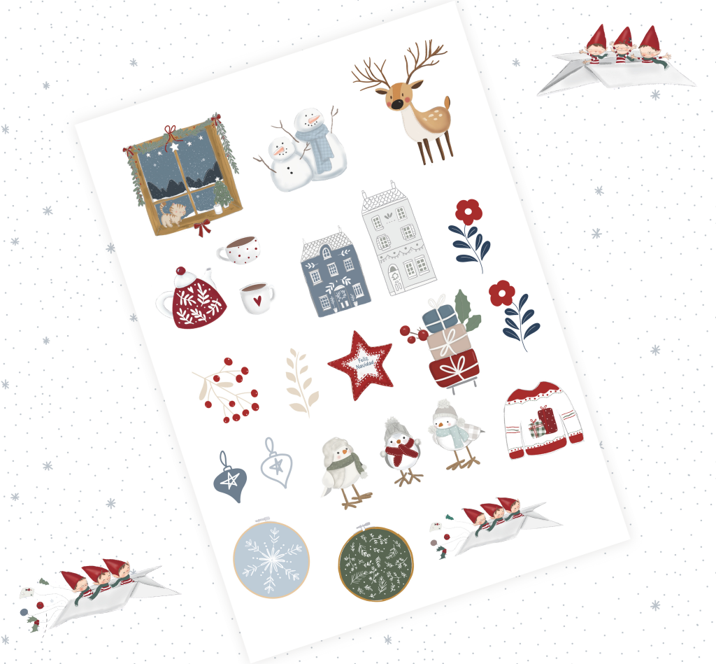 Folha com ilustrações de Natal coloridas em estilo desenho animado sobre fundo branco com pontos escuros