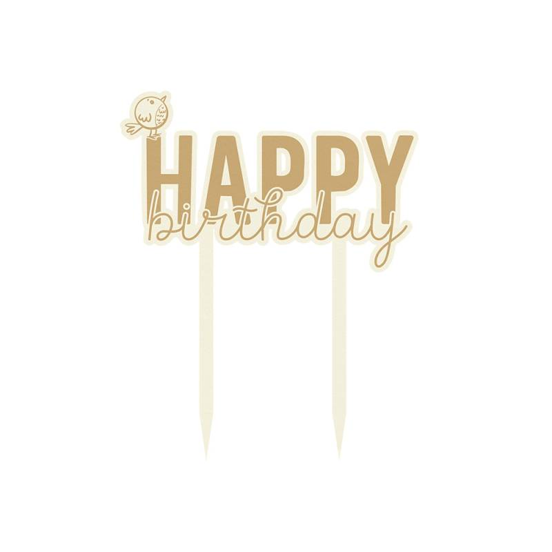 Topper para bolo dourado com texto HAPPY birthday e pássaro