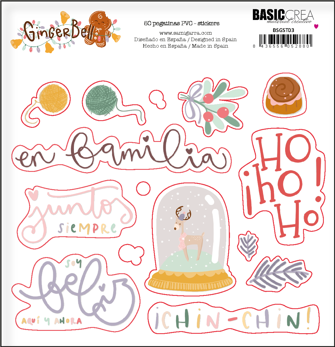 Pacote de autocolantes festivos com desenhos e palavras em espanhol.