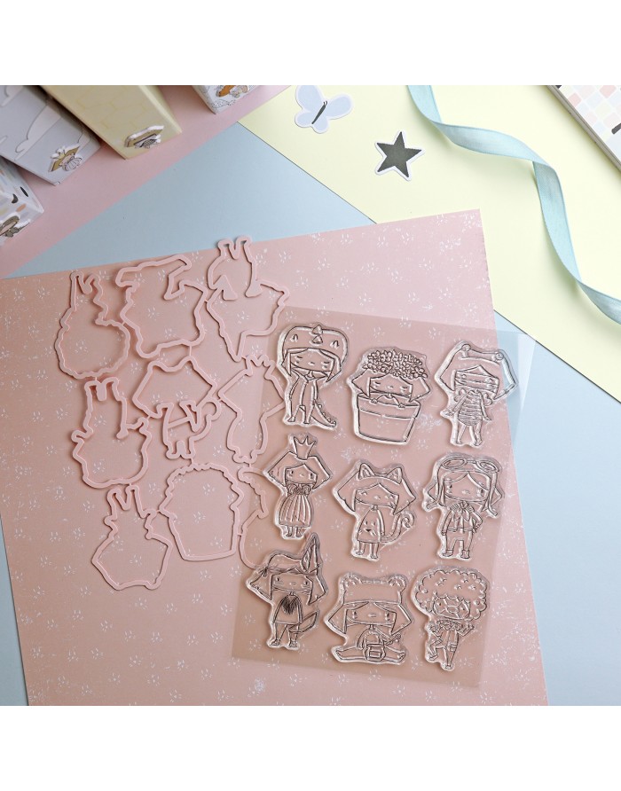 Conjunto de carimbos transparentes e cortantes para artesanato com figuras femininas, sobre papel rosa decorado