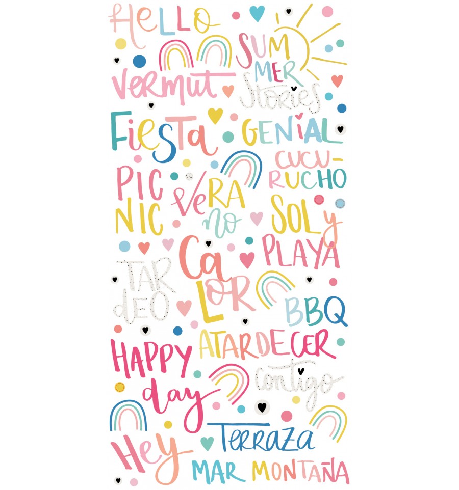 Texto colorido com desenhos de corações e arco-íris em fundo branco.