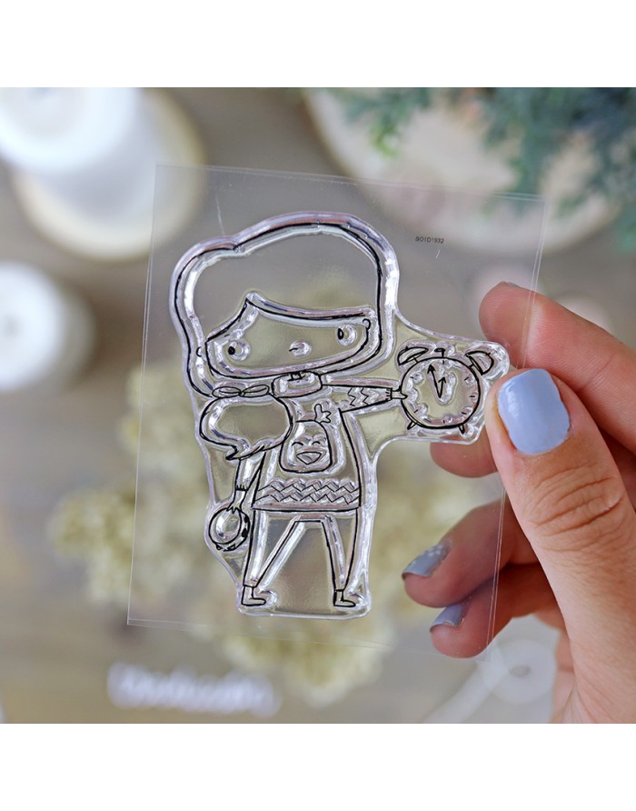 Selo transparente com desenho de personagem a segurar relógio