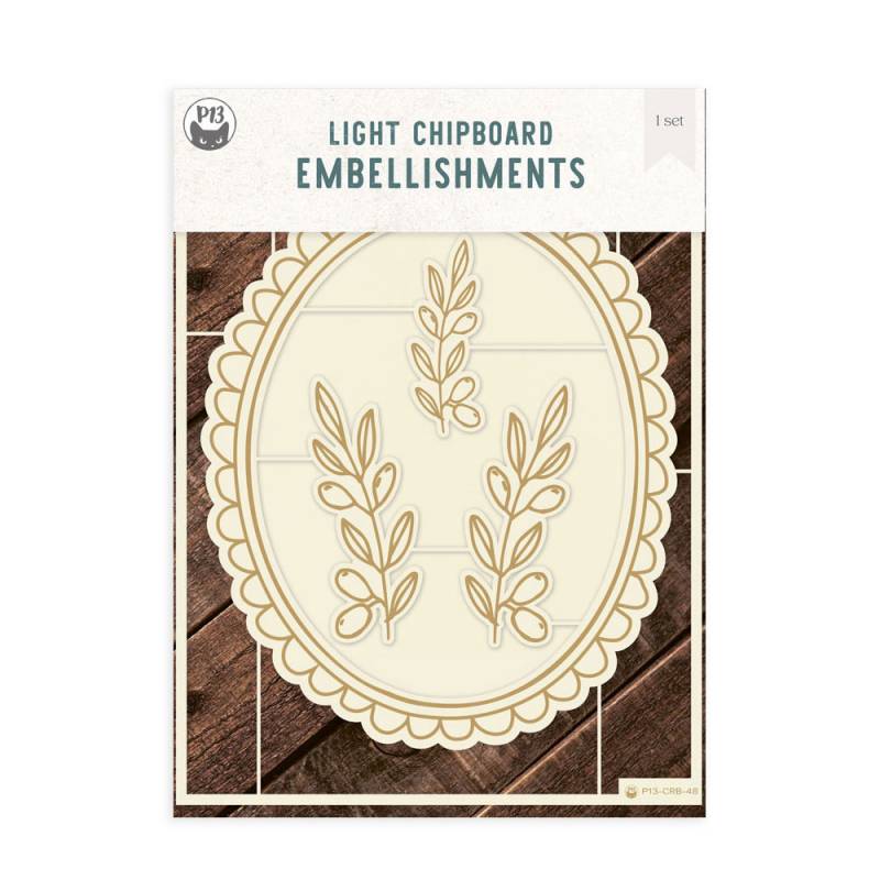 Embalagem de ornamentos clipboard em tons claros com folhas desenhadas