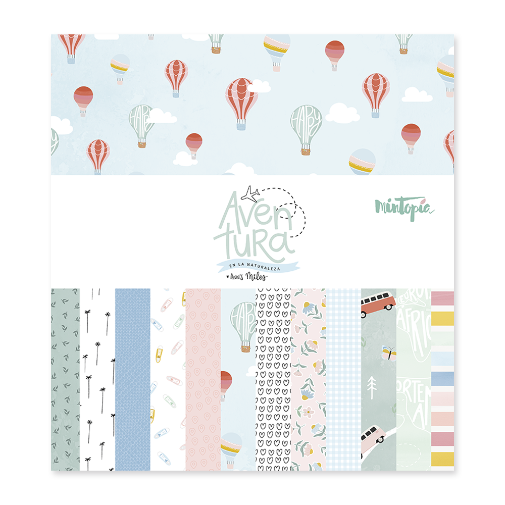 Folhas decorativas com temas de balões de ar quente e estampas variadas em tons pastel