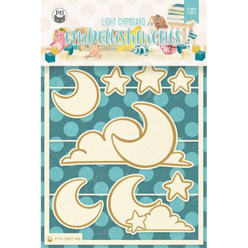 Light chipboard embellishments 03 Good Night Estrelas e Luas, 12pcs