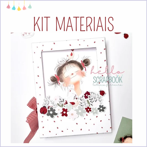 Capa de kit de materiais ilustrada com menina, flores e texto