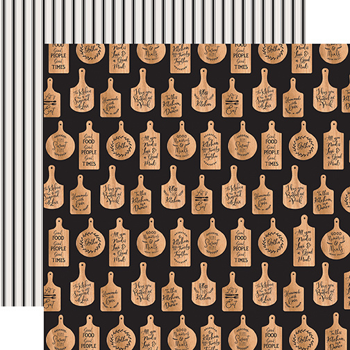 Papel decorativo com padrão de tábuas de cortar com texto sobre fundo preto e riscas verticais