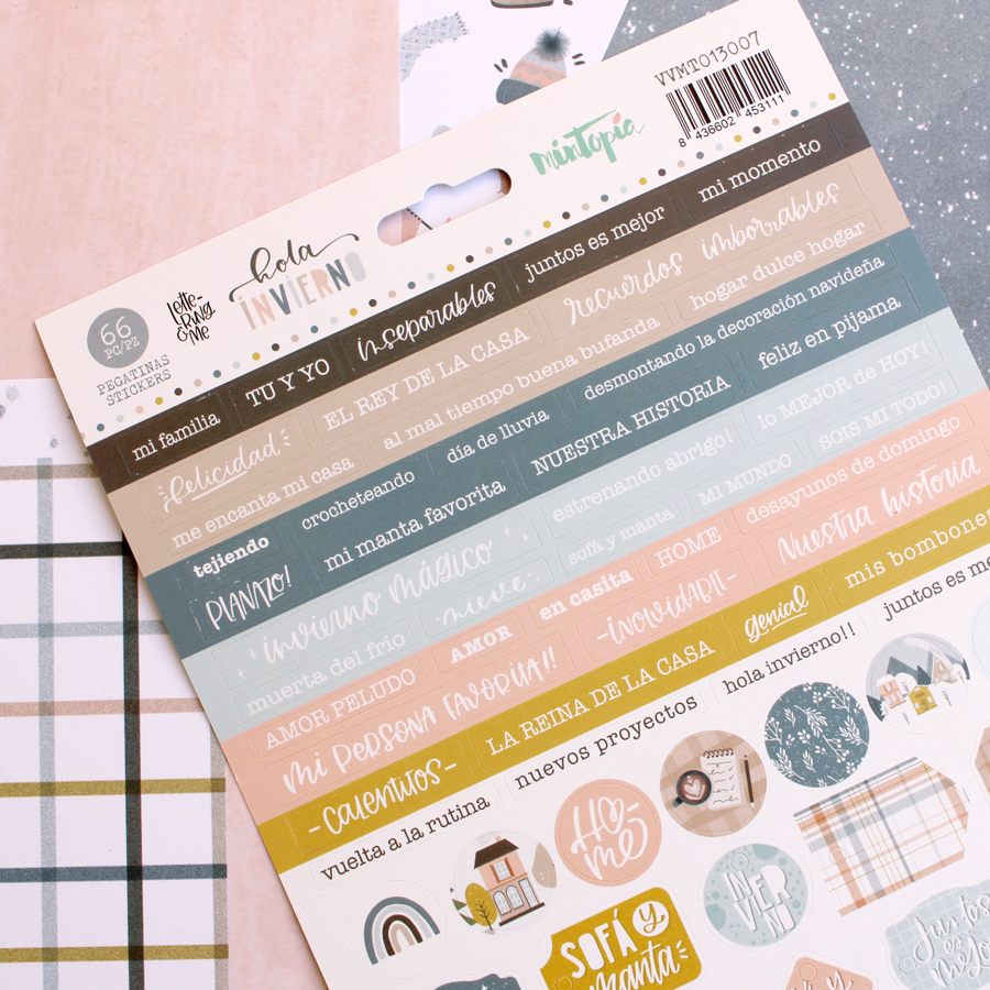 Folha de autocolantes coloridos com frases em espanhol e pequenos ícones