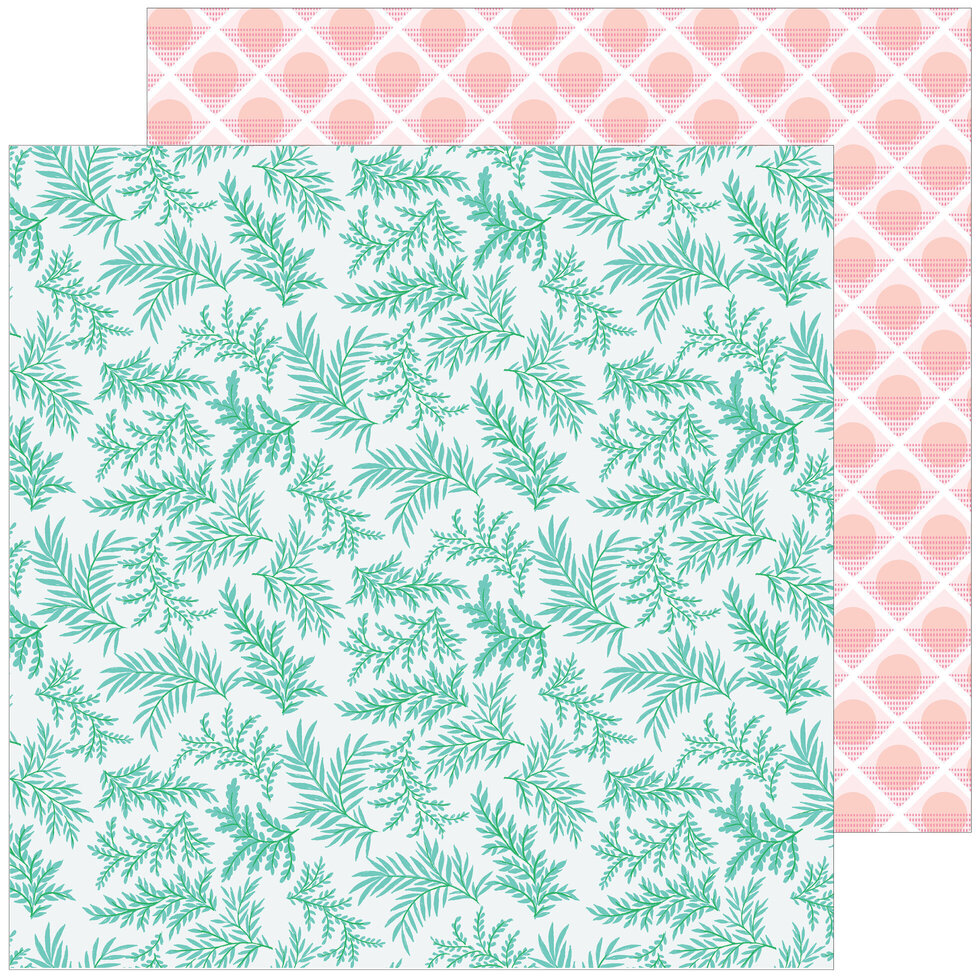 Papéis de parede com padrões de folhas verdes e losangos cor-de-rosa