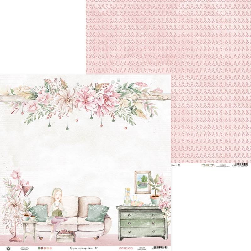 Papel decorativo com ilustrações de sala, sofá, jovem, e padrão rosa com laços