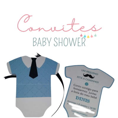 Convite Baby Shower em formato de body azul com texto para festa do bebé