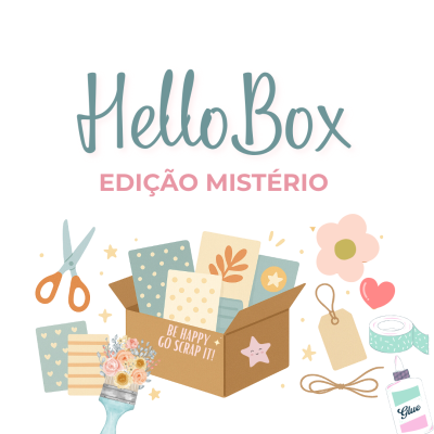 Caixa aberta com material de scrapbooking e texto HelloBox EDIÇÃO MISTÉRIO