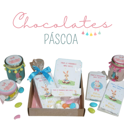Chocolates de Páscoa embalados com laços e etiquetas coloridas com coelhinhos, frascos decorados com pompons coloridos