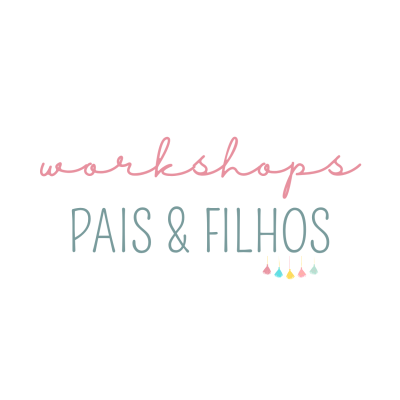 Logótipo de workshops para pais e filhos com texto e pequenos pingentes coloridos