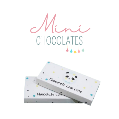 Caixas de mini chocolates com desenho de panda e pontos coloridos