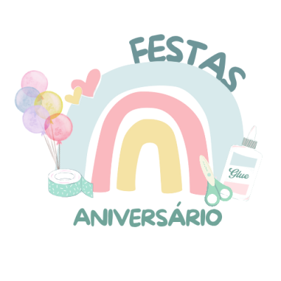 Gráfico com arco-íris pastel, balões, corações, fita adesiva, tesoura, tubo de cola e texto FESTAS ANIVERSÁRIO