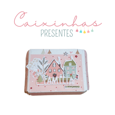 Caixa de presente decorativa com tema família em tons de rosa e verde