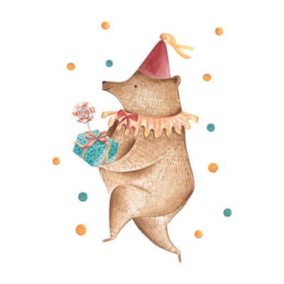 Urso castanho com chapéu de festa segurando presente e pirulito, sobre fundo branco com bolas coloridas