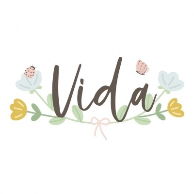 Palavra Vida com flores amarelas e azuis e insetos rosas