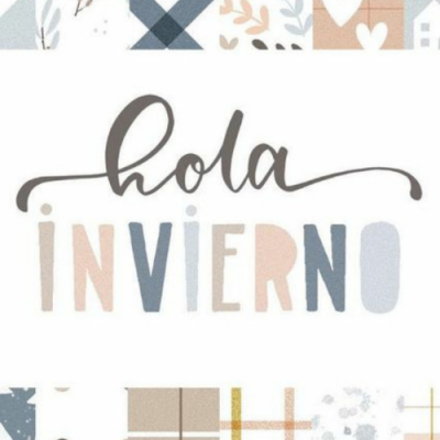 Texto 'hola INVIERNO' em cores pastel com fundo branco e padrões decorativos.