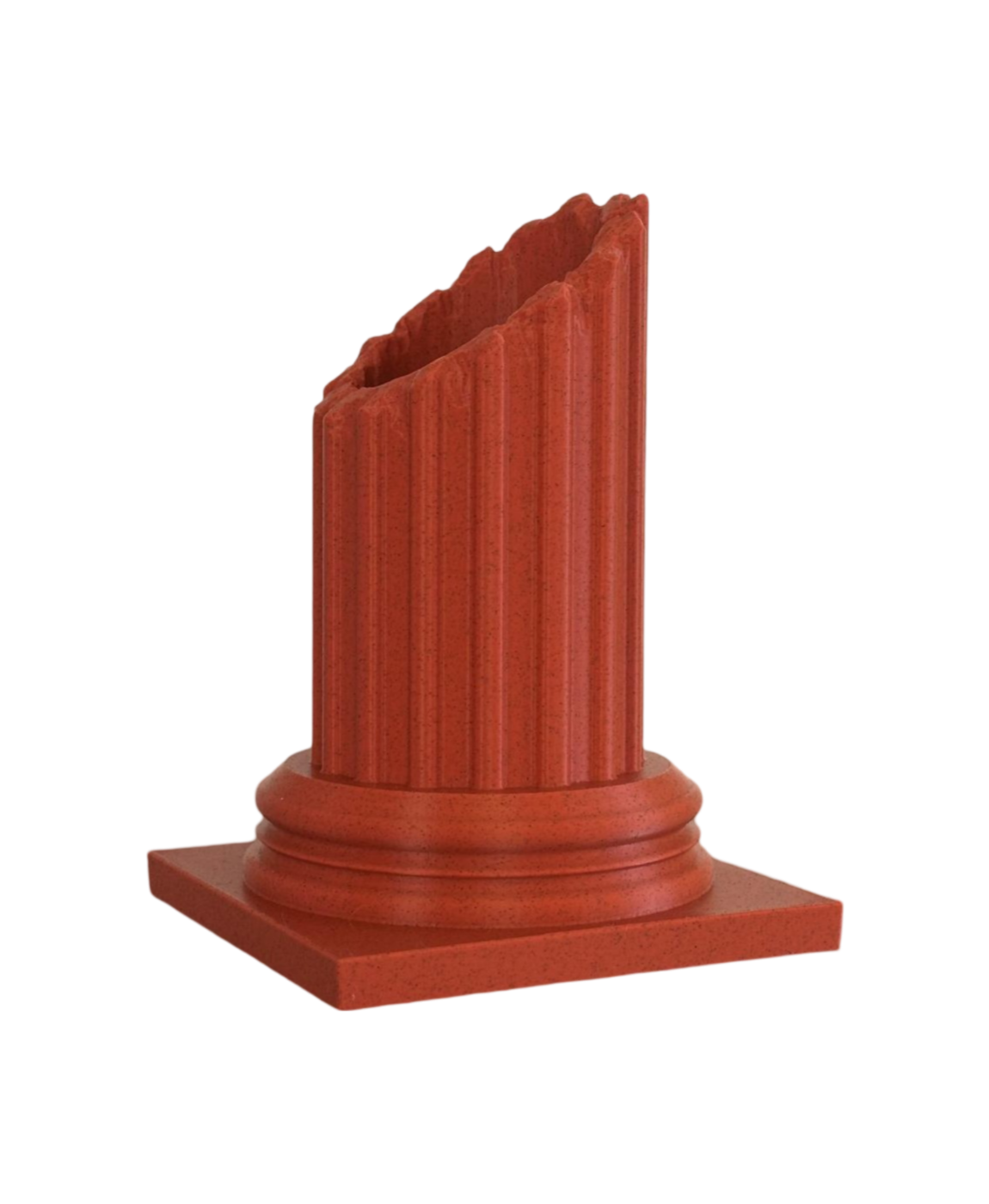 Coluna decorativa vermelha com base quadrada e topo partido