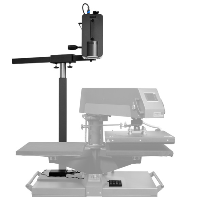 Máquina de impressão térmica preta com suporte ajustável numa mesa branca