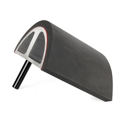 Encosto de cabeça para carro revestido a tecido cinza escuro com estrutura interna em metal prateado