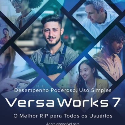 Promoção do software VersaWorks 7 com várias pessoas em molduras azuis.