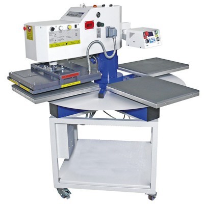 Máquina de serigrafia rotativa branca e azul com plataformas cinza e painel de controlo