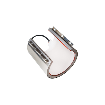 Estrutura metálica curvada com base branca e detalhes vermelhos