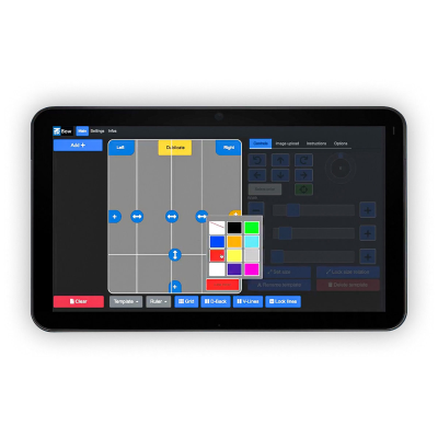 Tablet preto com ecrã táctil a mostrar interface gráfica e botões coloridos