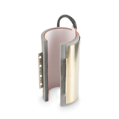 Aparelho cilíndrico metálico dourado com interior branco e isolamento cinzento