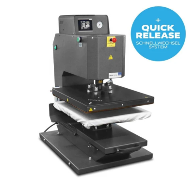 Máquina de prensa térmica preta com painel digital e botão de emergência